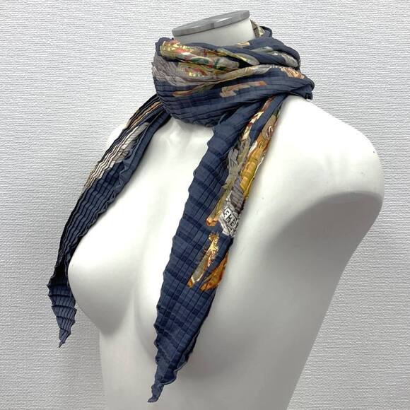 HERMES Latham pleated scarf/muffler in grey silk for men and women - Picture 5 of 9